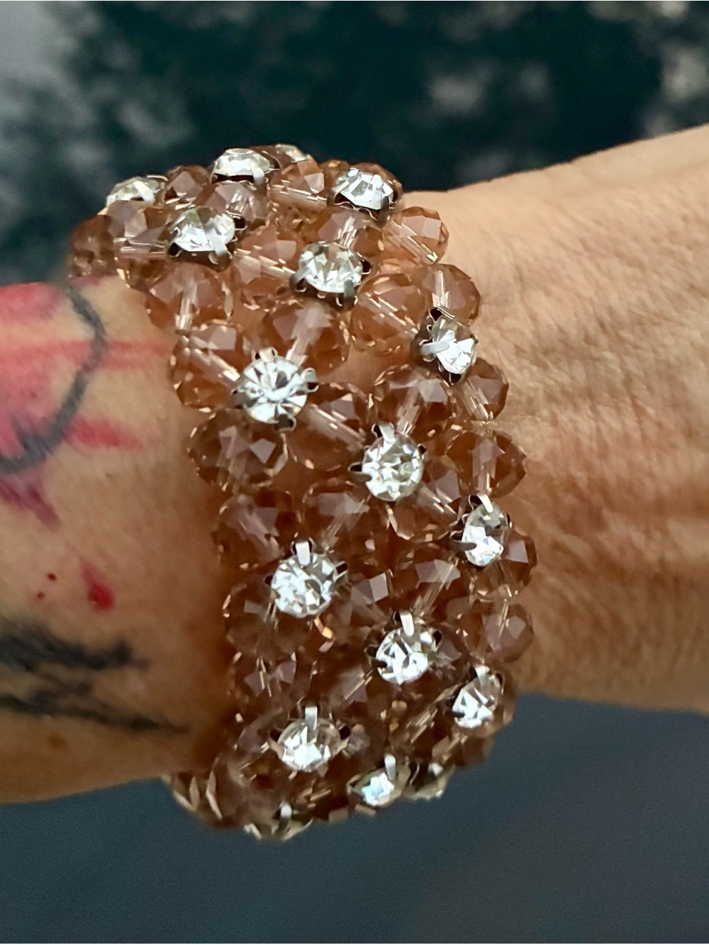 Champagne Faceted Glass Bead Rhinestone Stretch Statement Bracelet